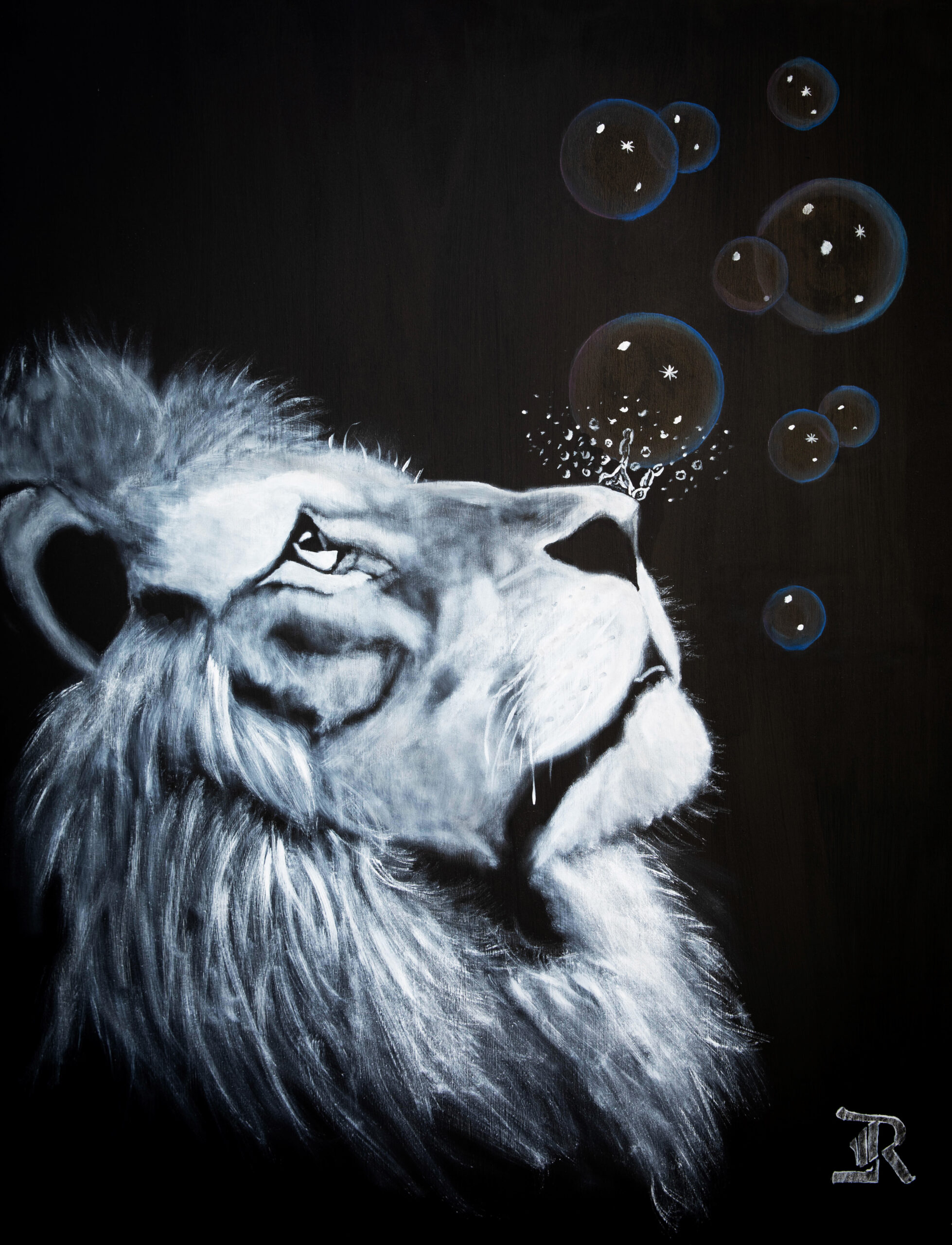 Le lion et les bulles  73x92,5 cm - A vendre