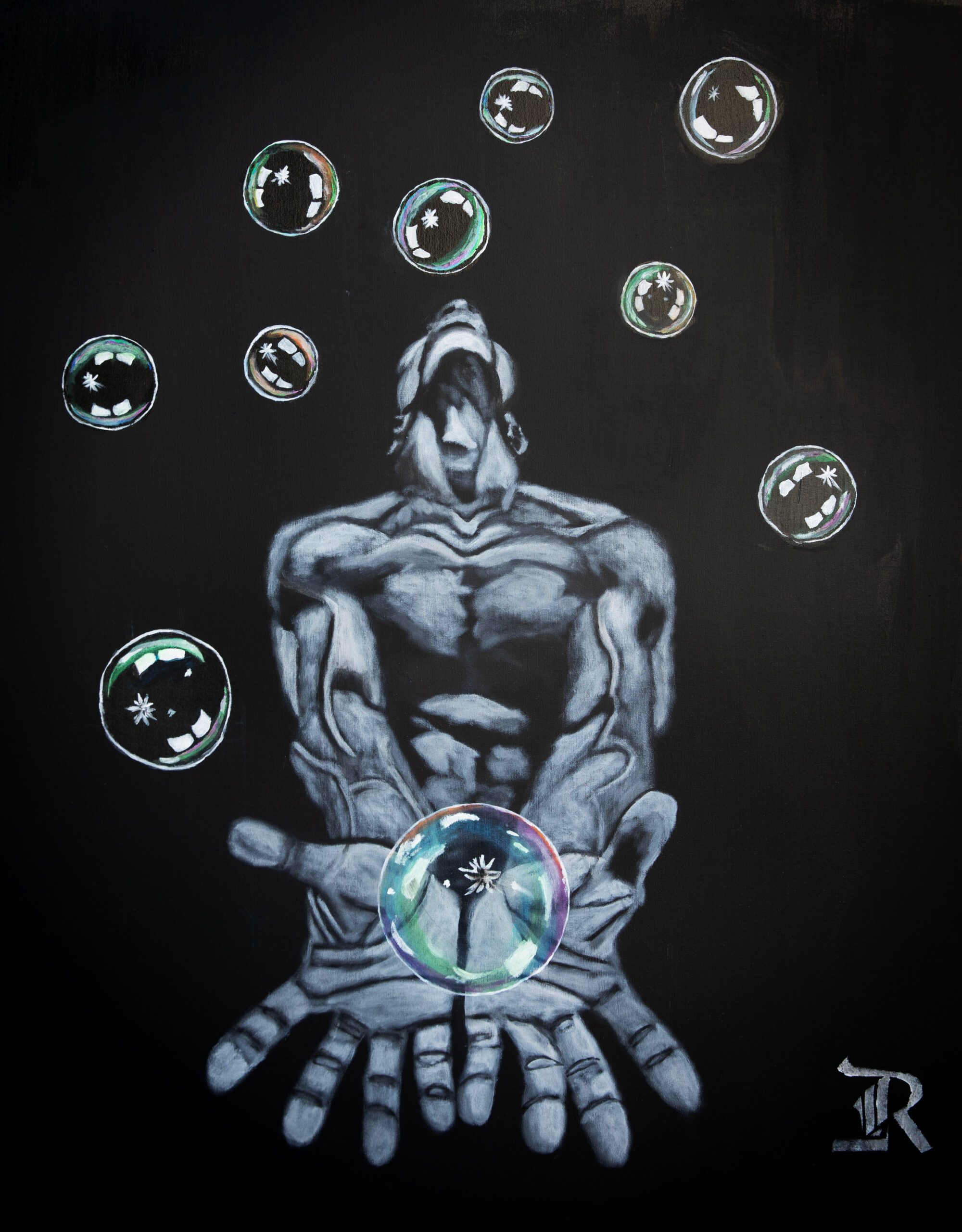 L'homme et les bulles 73x92,5cm -